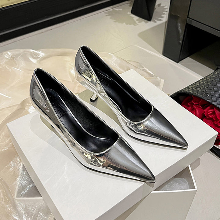Dame spidse højhælede pumps med skinnende metallic-overflade Stilla