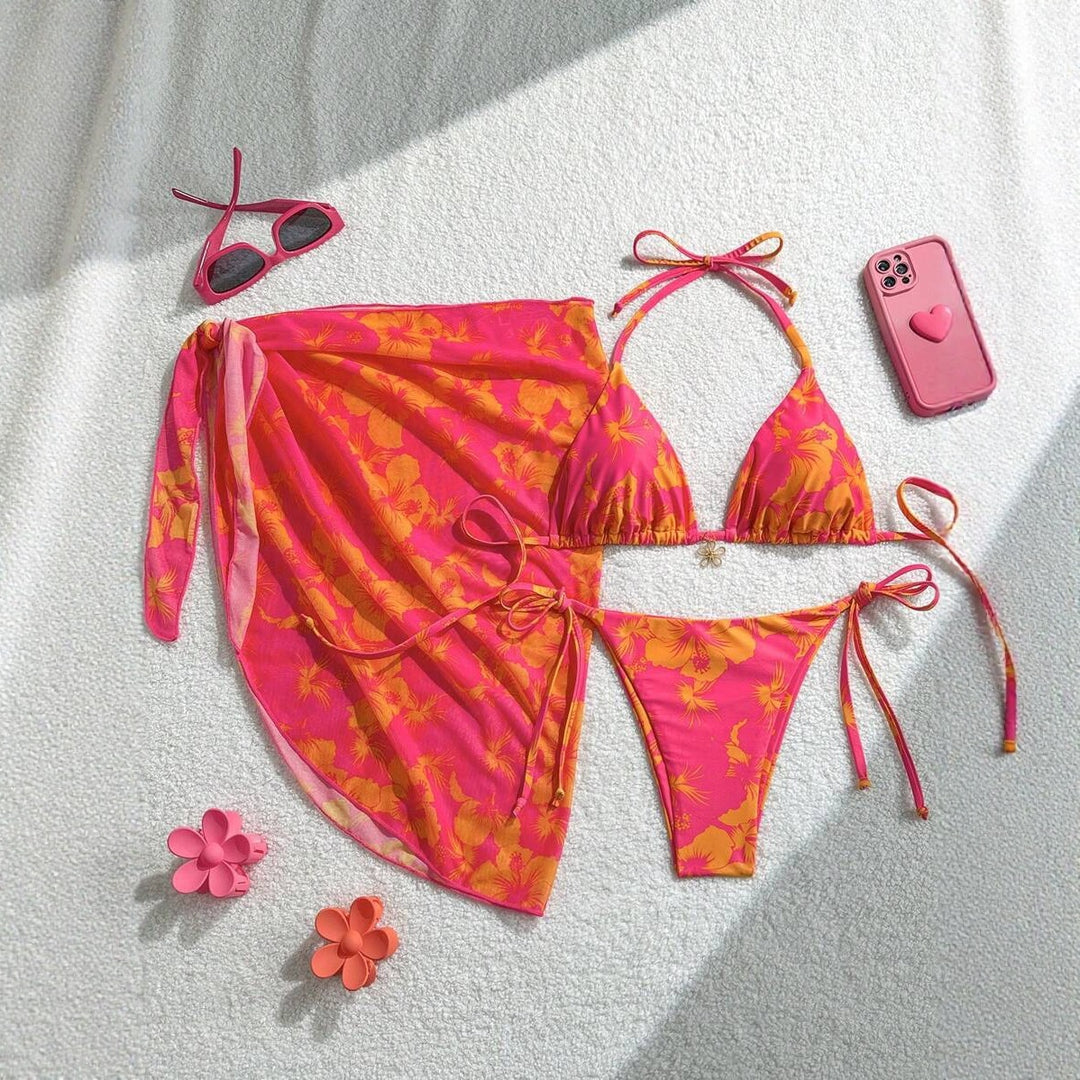 Dame Triangle-Bikini-Sæt med justerbare stropper og indpakningstykke Skovae