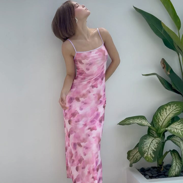 Damer elegant maxikjole med delikate blomsterprint og smalle spaghetti-stropper