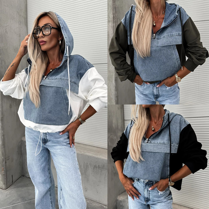Damer afslappet denim-hættebluse med hætte og kontrasterende ærmer Stilla