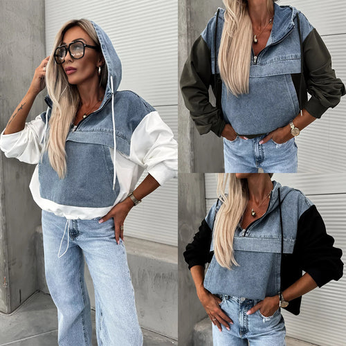 Damer afslappet denim-hættebluse med hætte og kontrasterende ærmer Stilla