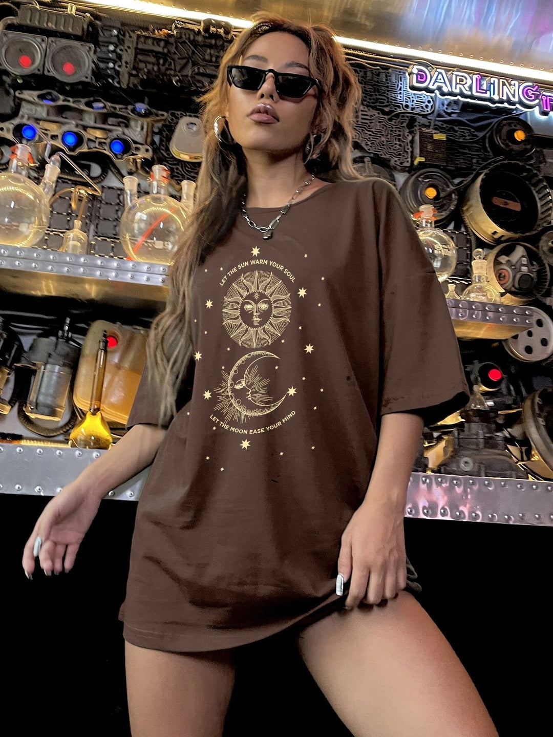 Dame afslappet T-shirt med kreativt sol-måne-motiv Stilla