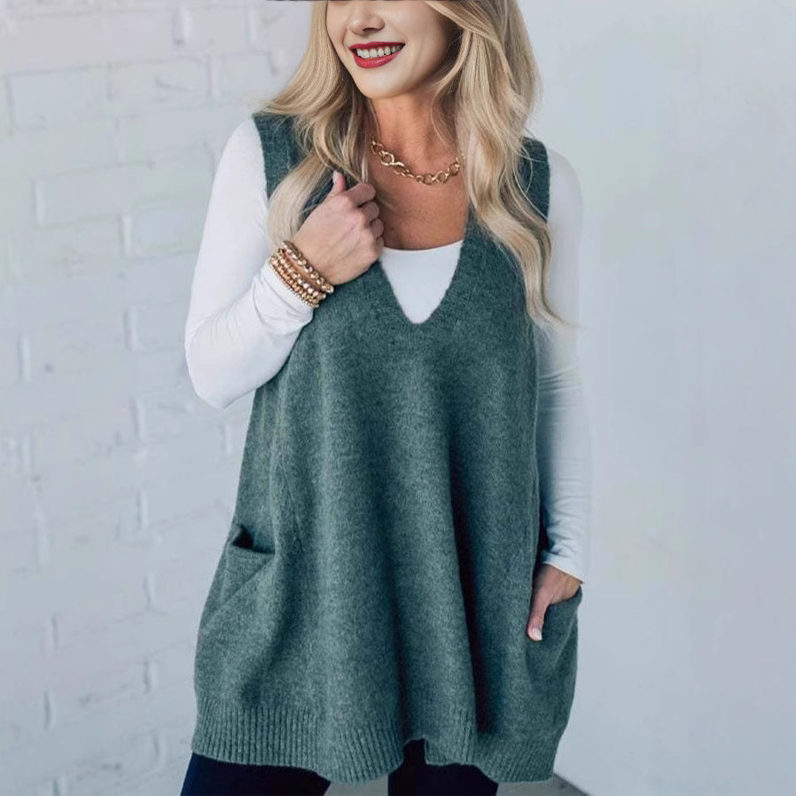 Dame Casual Vest med V-hals og praktiske lommer Stilla