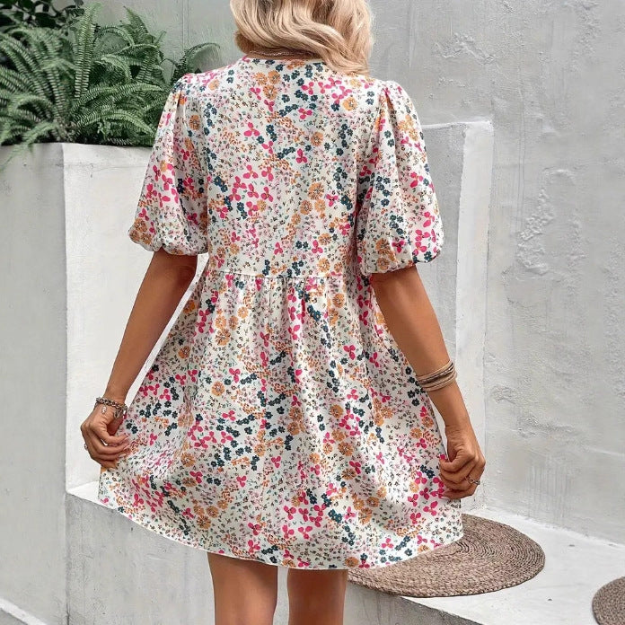 Dame Puffærmet Blomster Midikjole Stilla