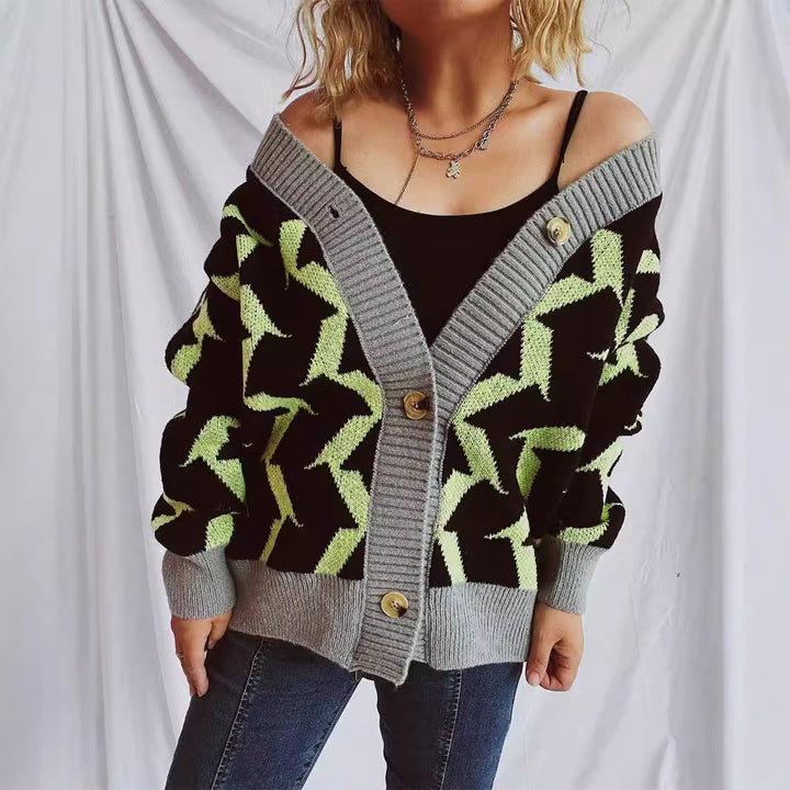 Kvinders cardigan med moderne geometrisk mønster og elegante knapdetaljer Stilla