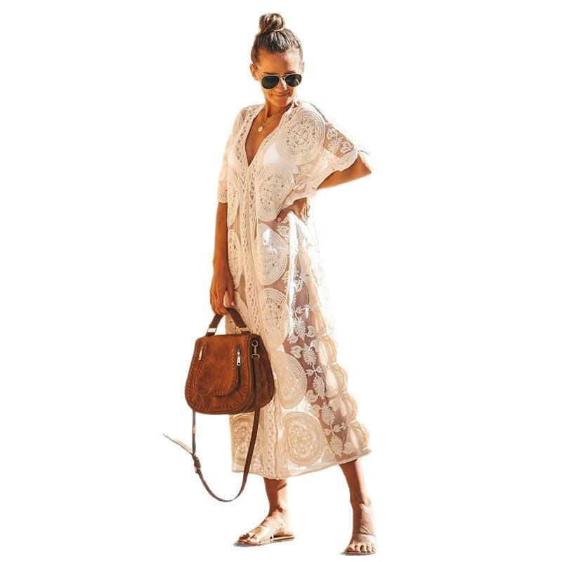 Dame hæklede strandkimono med elegant spidsdekoration Stilla