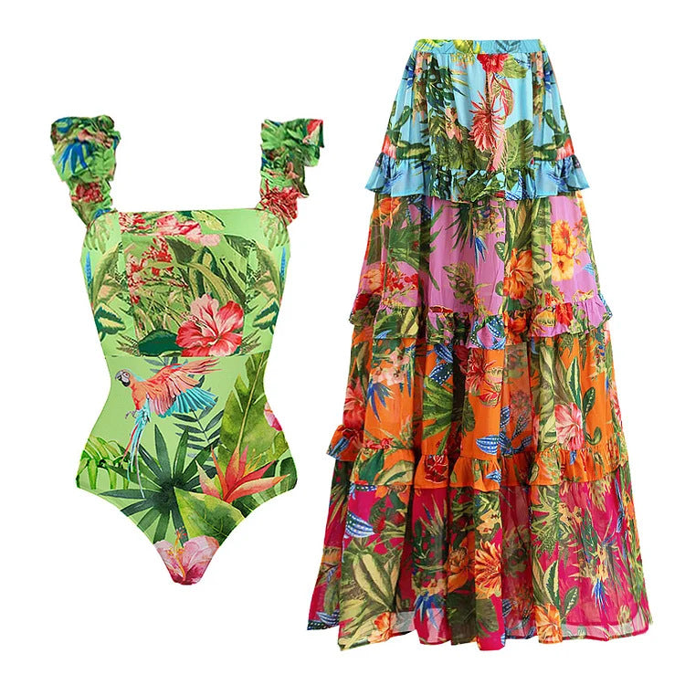 Dame one-piece badedragt med blomstermønster og flæsedetaljer Skovae