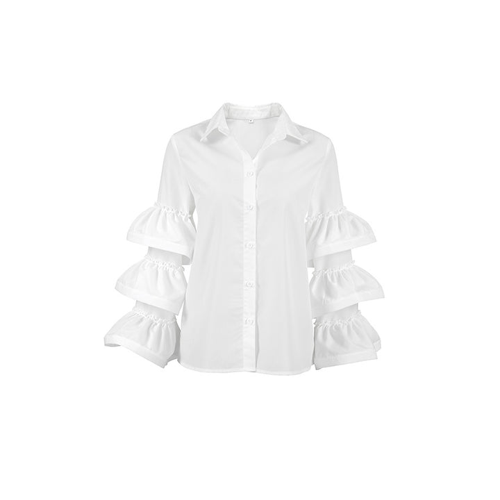 Damebluse med voluminøse flæseærmer og klassisk krave Stilla