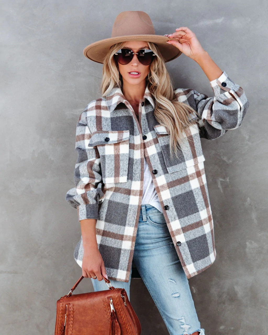 Dame afslappet oversized flanneljakke i ternet mønster med knapbar krave Stilla