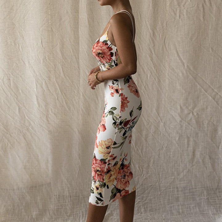 Kjole med blomsterprint til damer i bodycon-stil med asymmetrisk stropdesign Stilla