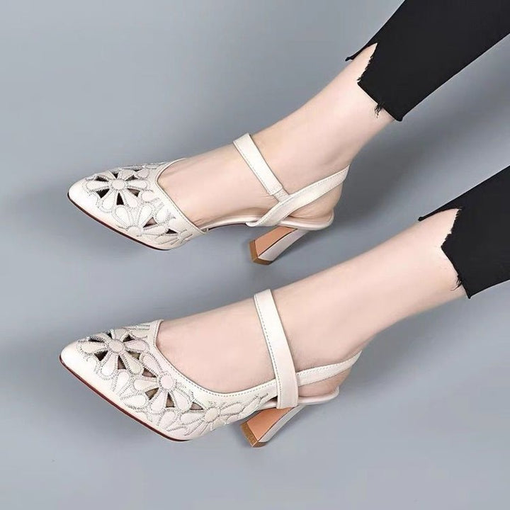 Dame Slingback-pumps med blomstret læderdesign og elegant blokhæl Stilla