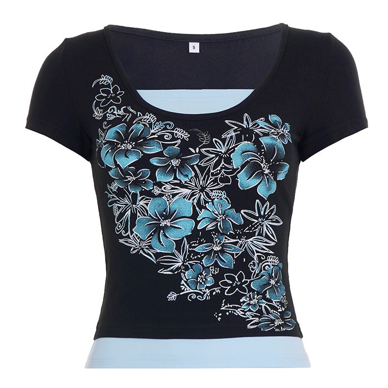 Dame T-shirt med blomsterprint og kropsnær pasform Skovae