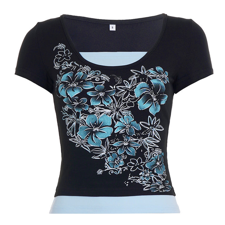 Dame T-shirt med blomsterprint og kropsnær pasform Skovae