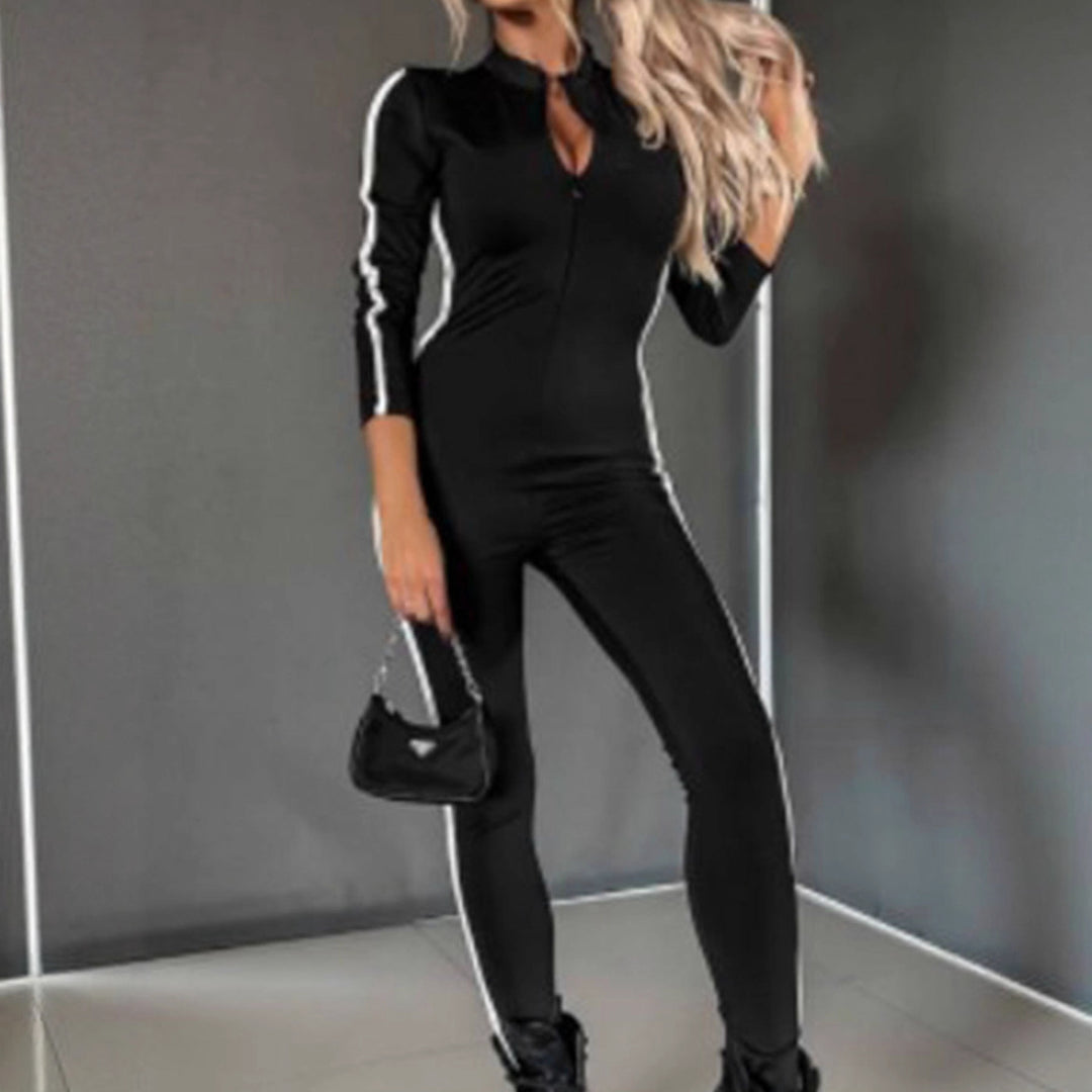 Dame Langærmet Jumpsuit med høj krave og sømløst design Skovae