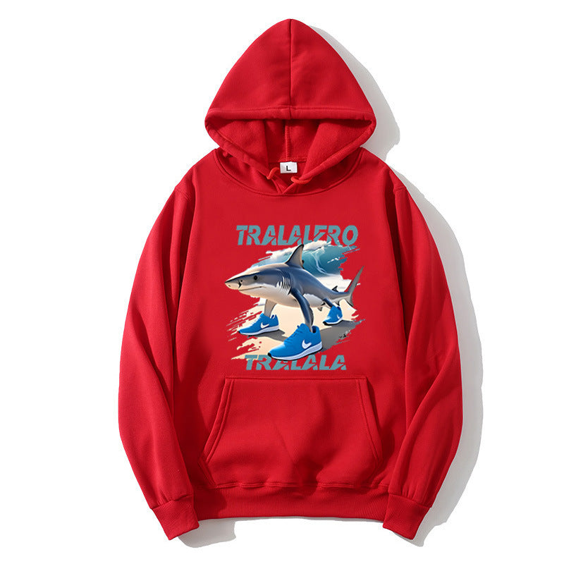 Dame hoodie med sjov hajmotiv og grafiske elementer Skovae