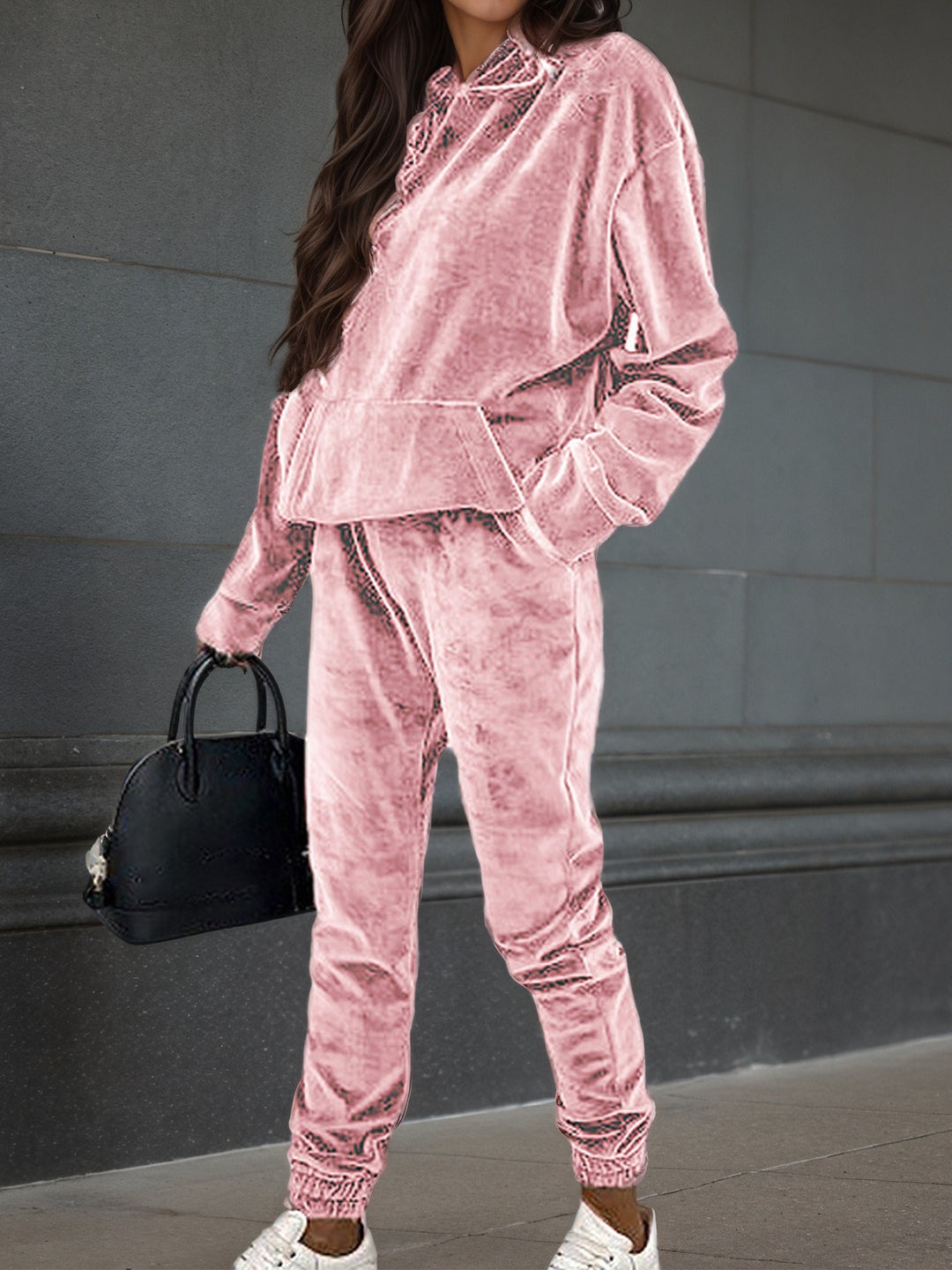 Damer sporty fleece sæt med hætte og elastisk linning Stilla