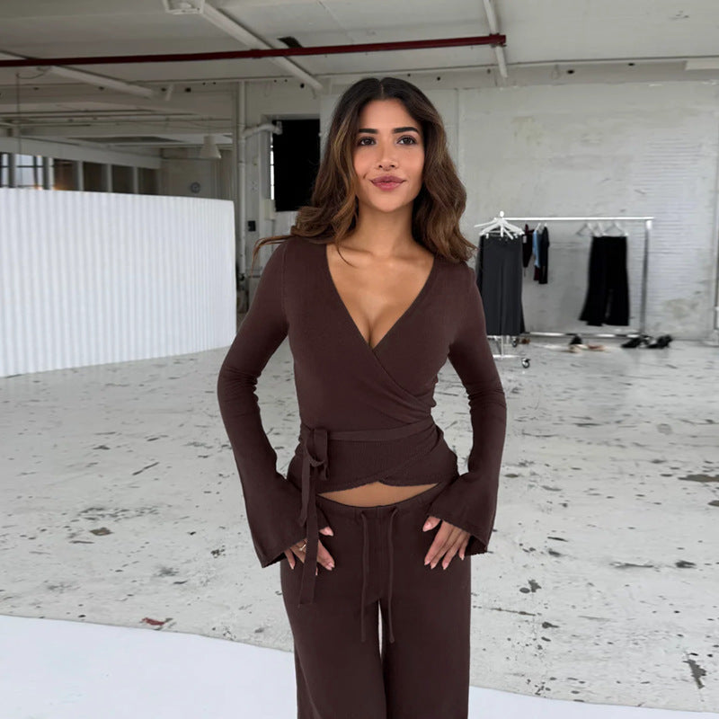 Damer løs jumpsuit med omslag design og lange ærmer Skovae