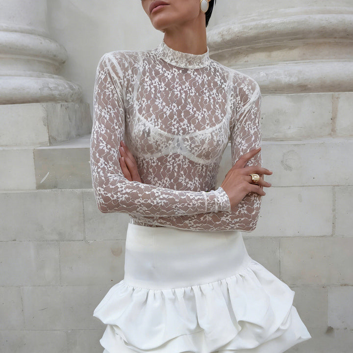 Damen Spitzenbluse mit hohem Kragen und langen Ärmeln Skovae