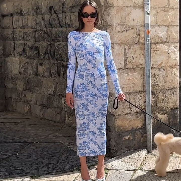 Dame Elegant Langærmet Kjole med Florale Mønstre og Figurtilpasset Snit Stilla