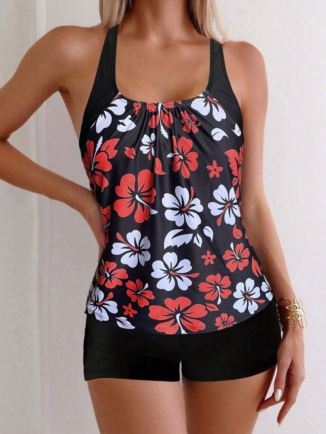 Damer sportligt tankini-sæt med florale accenter Skovae