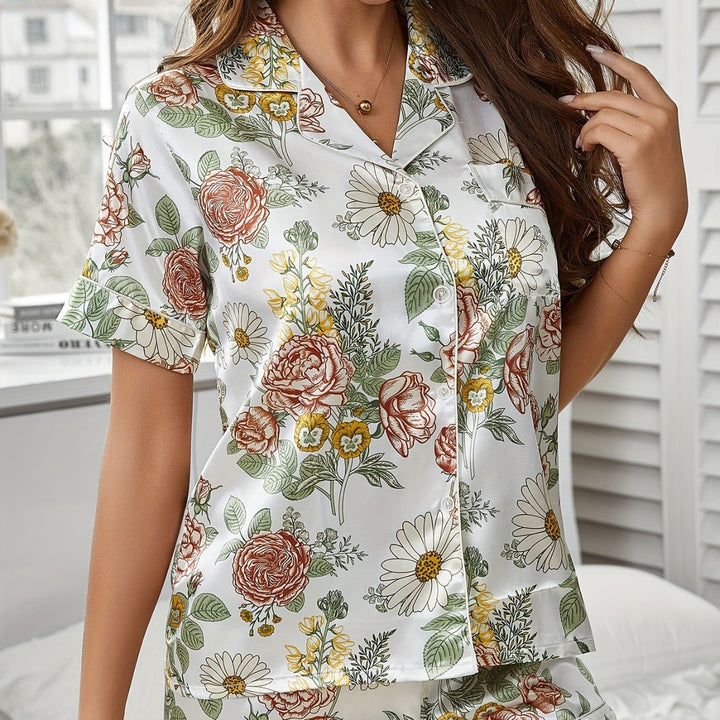 Femme Floral Print Korteærmet Pyjamas Sæt Stilla