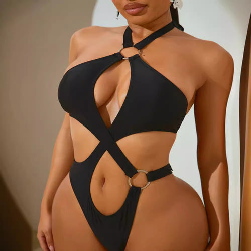 Dame Designer-bikini med asymmetrisk snit og ringdetaljer Skovae