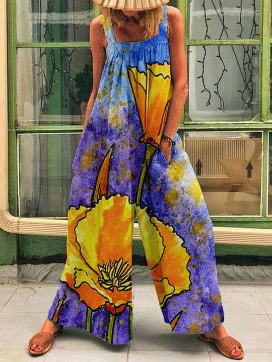 Kvinde luftig Jumpsuit med farverigt blomsterprint og praktiske sidelommer Stilla
