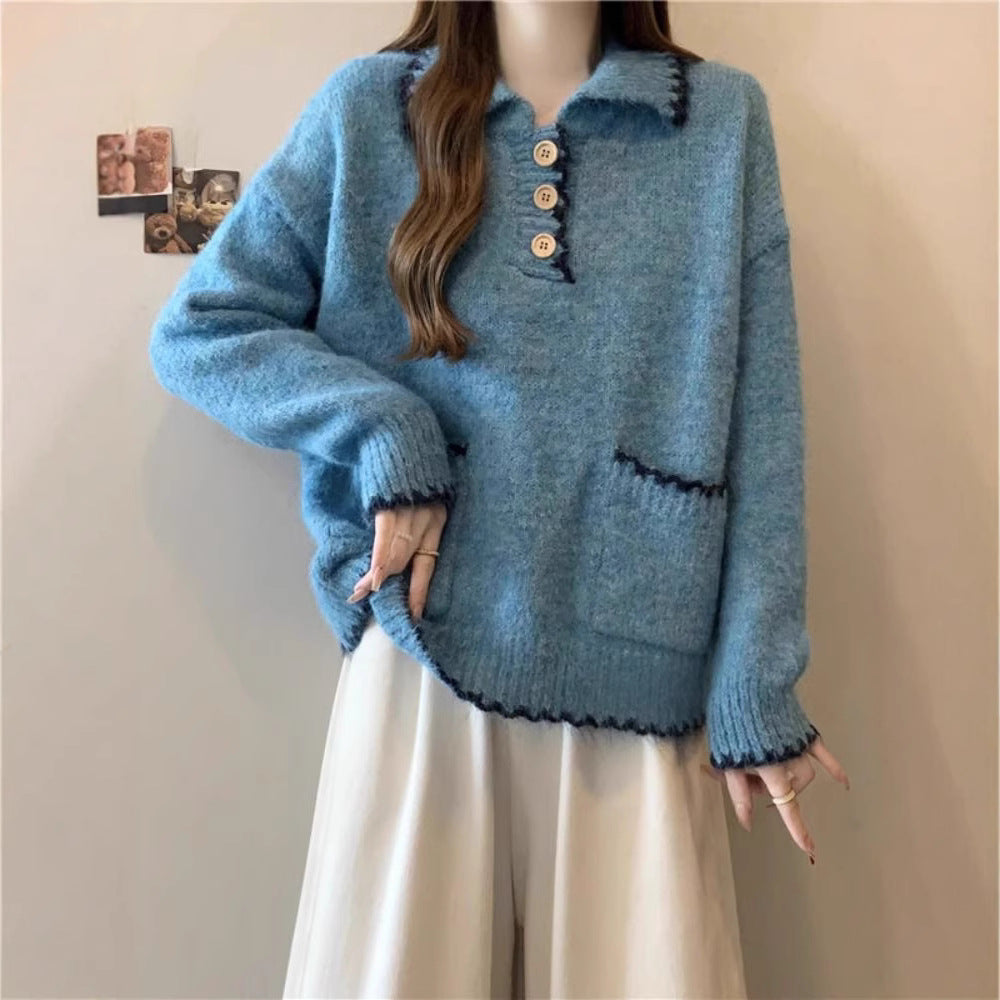 Kvindernes strikkede sweater med krave og knapdetaljer Stilla