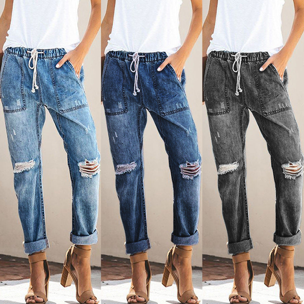 Dame Destroyed Jeans med elastisk talje og afslappet snit Stilla