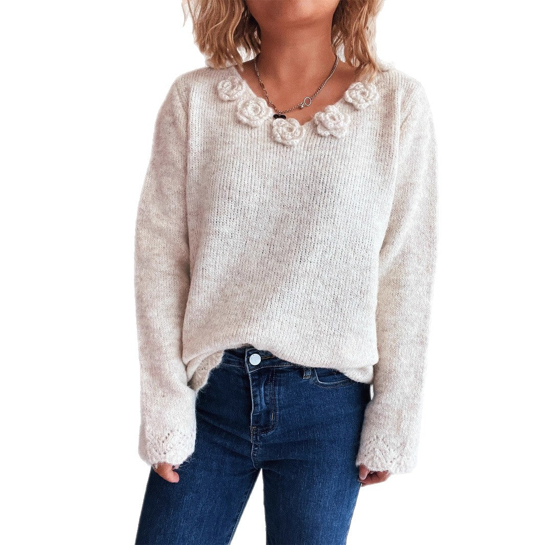 Kvinders strikkede sweater med blomsterdetaljer Stilla