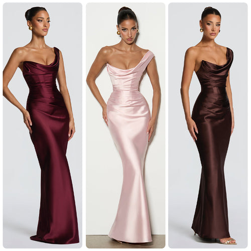 Dame Elegant Aftenkjole med Off-Shoulder Design og Flydende Satin