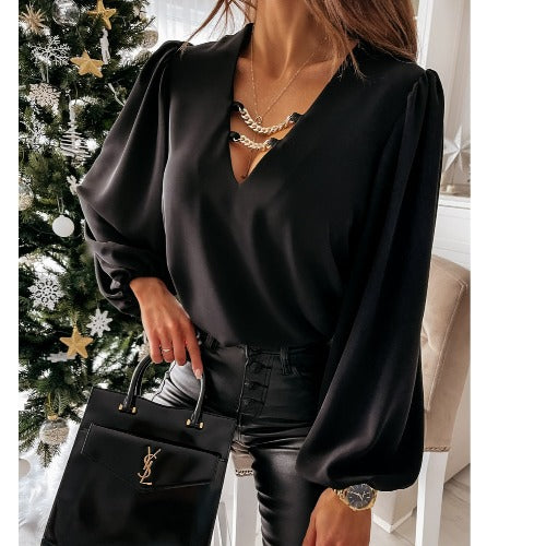 Dame Elegant V-hals Bluse med Puffærmer Stilla