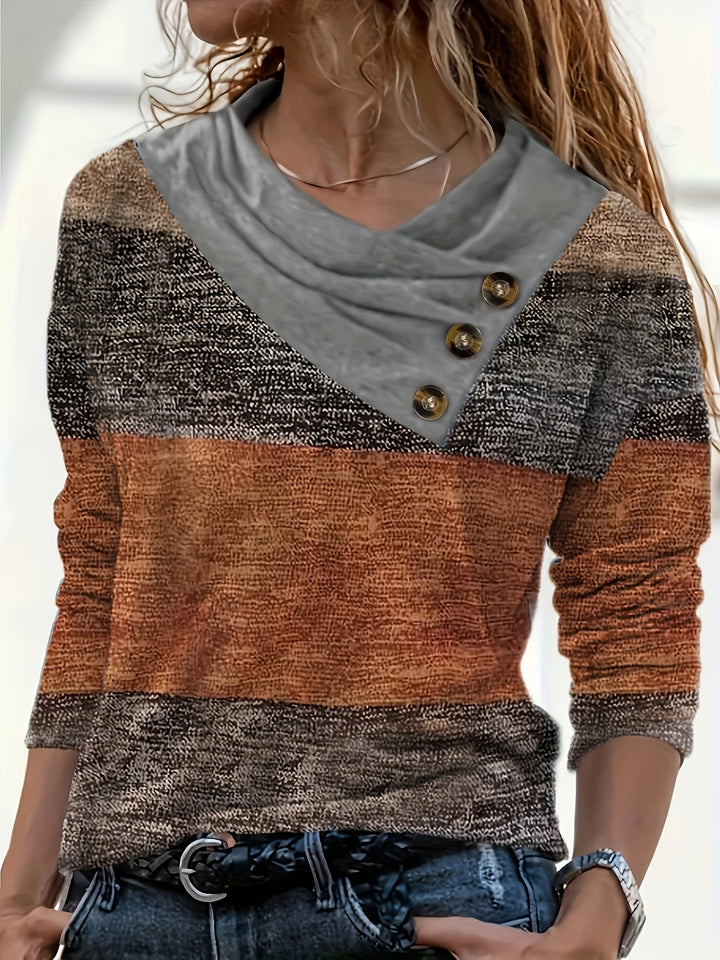 Dame sweater med asymmetrisk krave og knapdetaljer Stilla