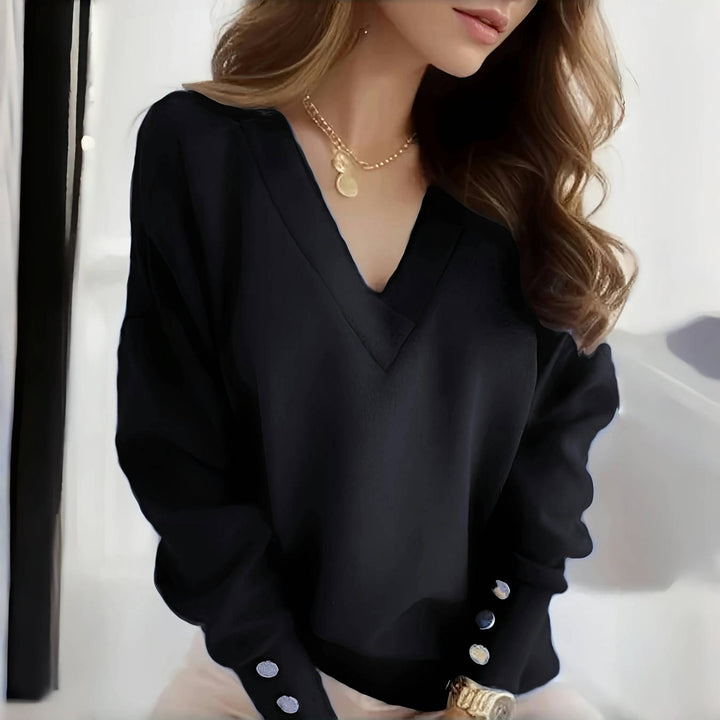 Dame elegant V-hals bluse med dekorative knapdetaljer Stilla