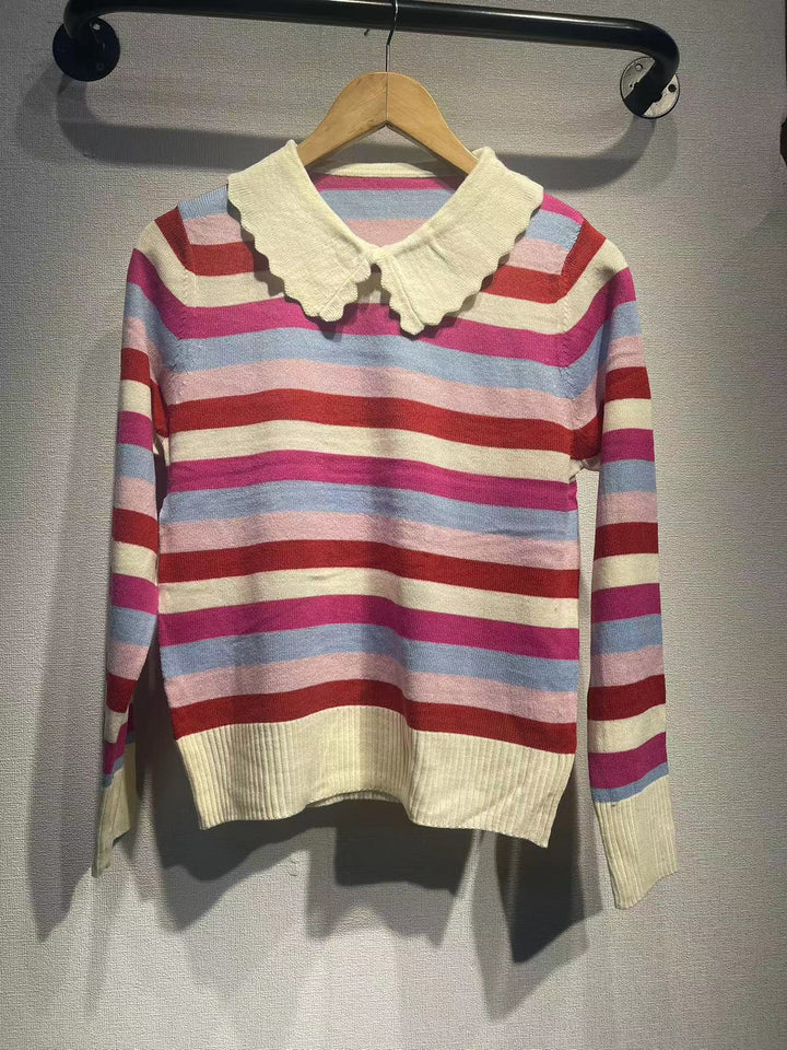 Dame strikpullover med kontraststriber og elegant krave Stilla