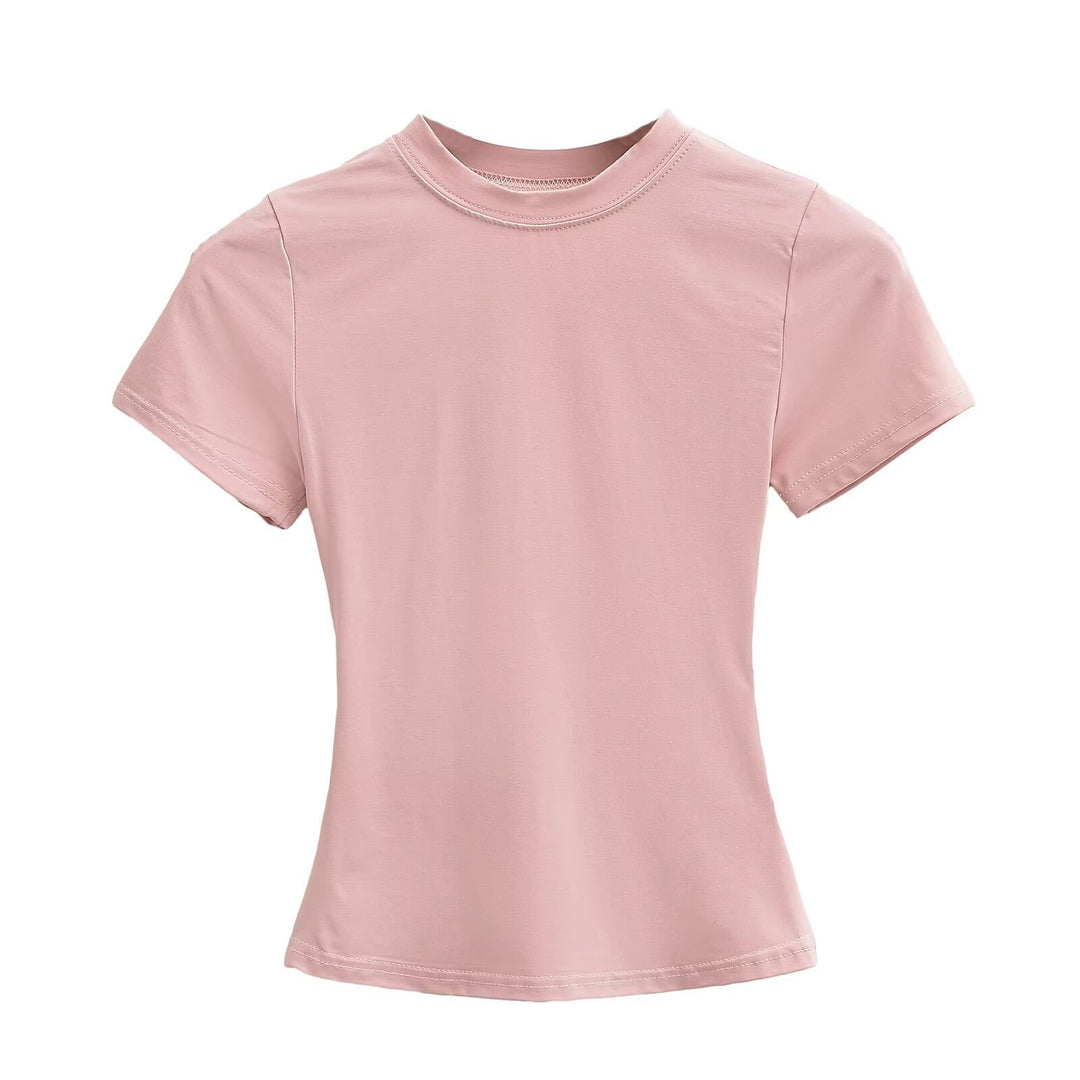 Dame kortærmet T-shirt med højplease krave og figursyet snit Stilla