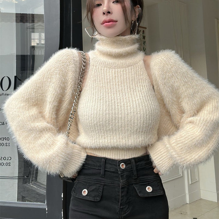 Femme Høj Krave Fuzzy Strikpullover med Klokkeærmer Stilla