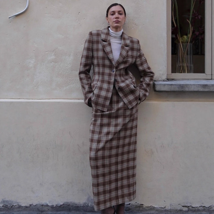 Dame rutet blazer- og miniskørt-kombination Stilla