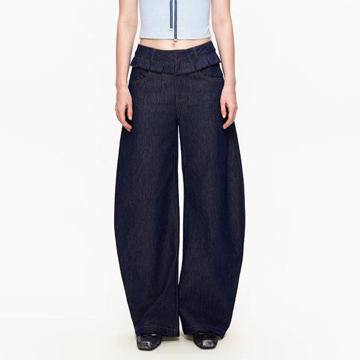 Dame bred Denim-bukser med høj talje og elegant plissé-detalje Stilla