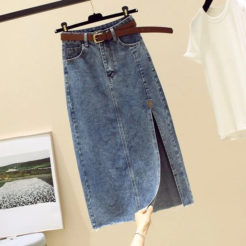 Kvindernes denim maxi nederdel med sideslids Stilla