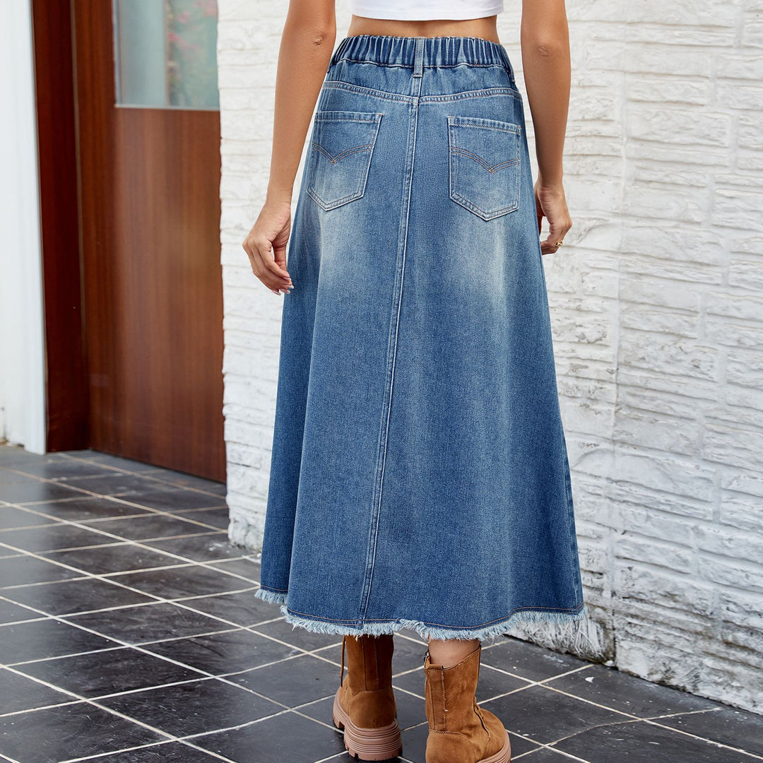Dame denim-maxiskørt med elastisk talje og praktiske lommer Stilla