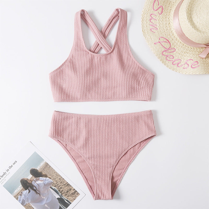 Damer sporty bikini-sæt med højt skåret trusse og trendy rygstrop Skovae