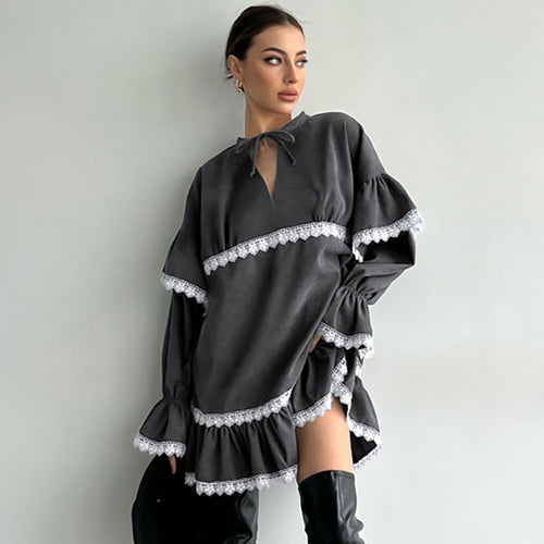 Dame Elegant Tunika-Kjole med Rynkedetaljer og Bindebånd Stilla