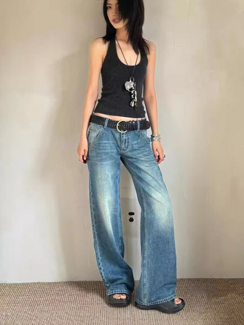Dame bredden denim-bukser med høj talje og vintage-vask Stilla