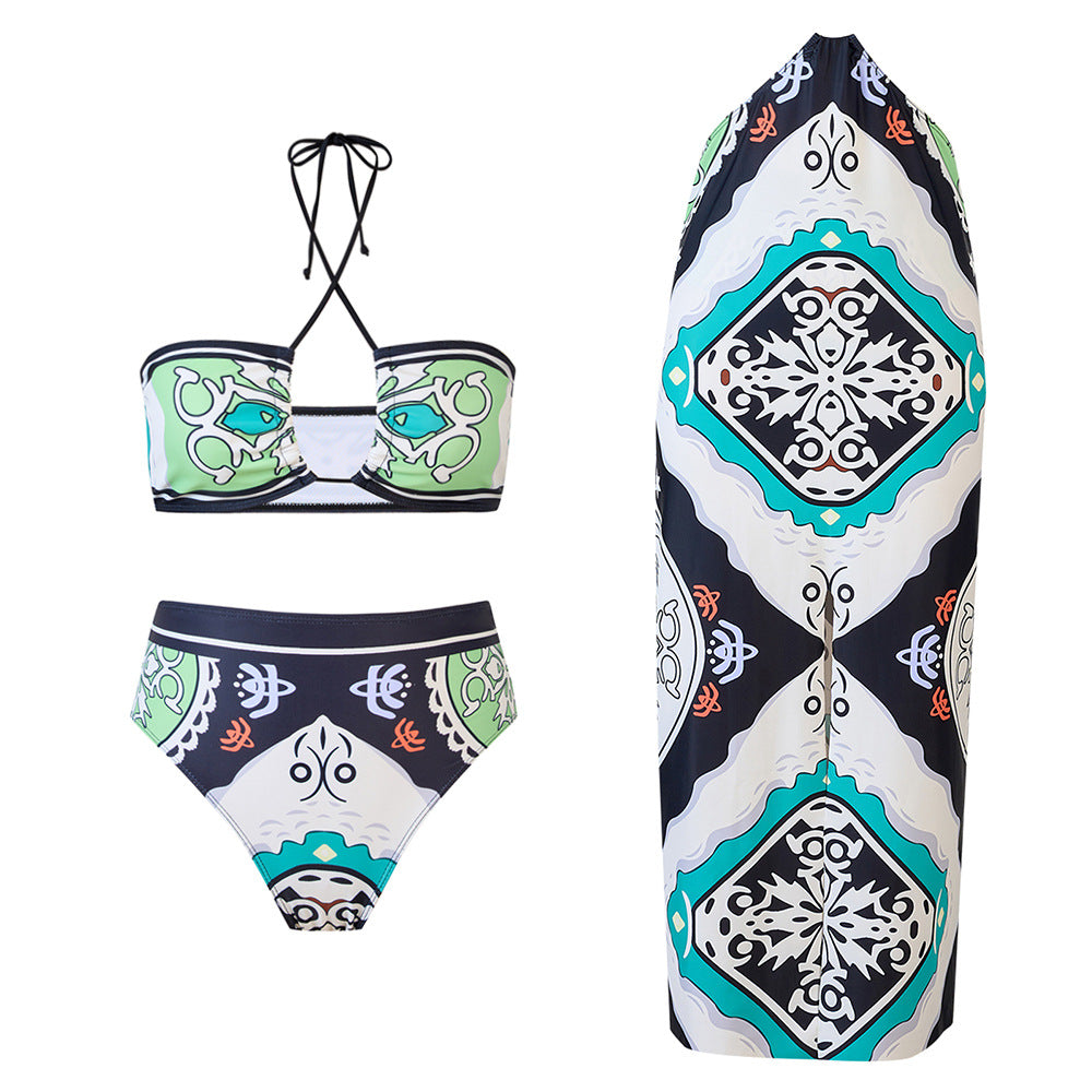 Dame bikini-sæt med matchende omslagsskørt og grafisk design Stilla