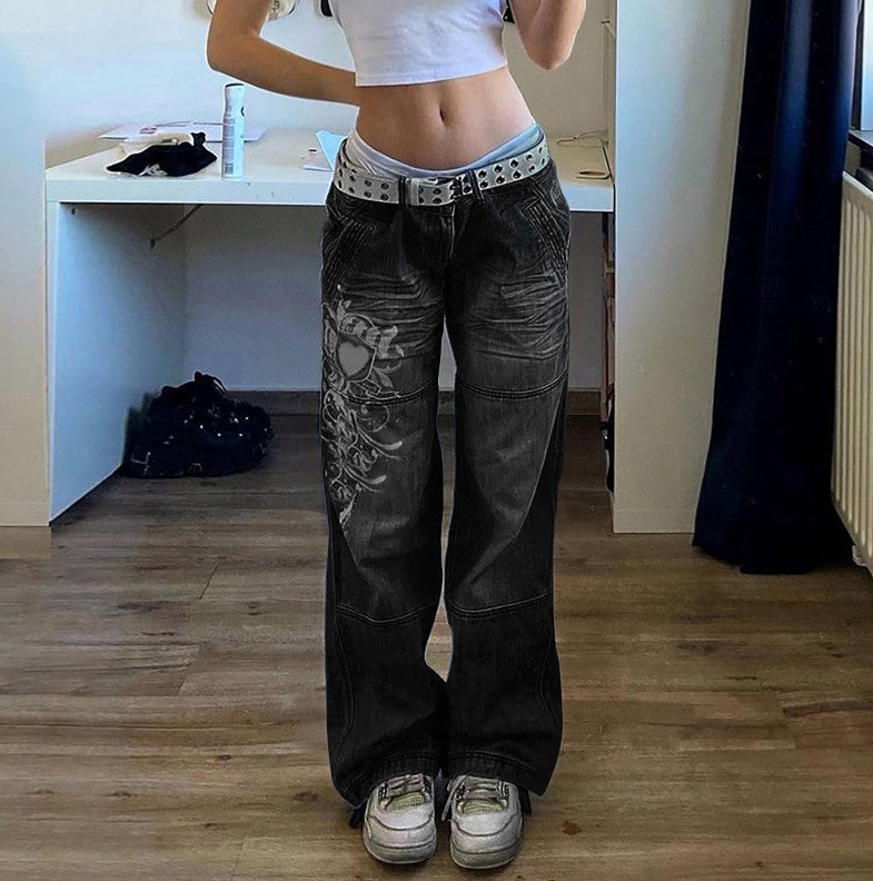 Dame baggy jeans med unikt grafisk design Skovae