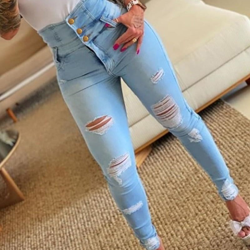 Dame højtaljede skinny jeans med stilfulde ripped-detaljer Stilla