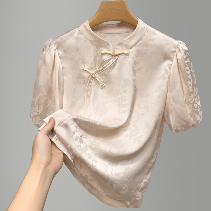 Dame Elegant Blusenshirt med blomsterapplikationer og puffærmer Stilla