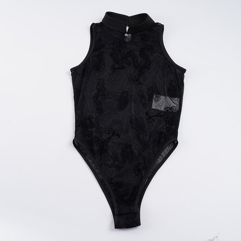 Dame sexy bodysuit med elegante spidsdetaljer og ståkrave Skovae
