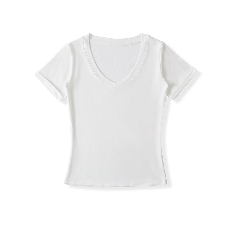 Dame V-hals T-shirt i åndbart bomuldsblandingsmateriale med figursyet snit Stilla
